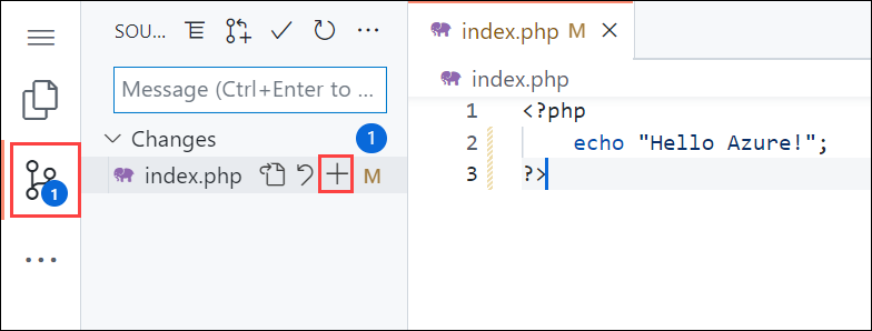 ブラウザーでの Visual Studio Code のスクリーンショット。サイドバーの [ソース管理] ナビゲーションが強調表示された後、[ソース管理] パネルの [変更のステージング] ボタンが強調表示されている。