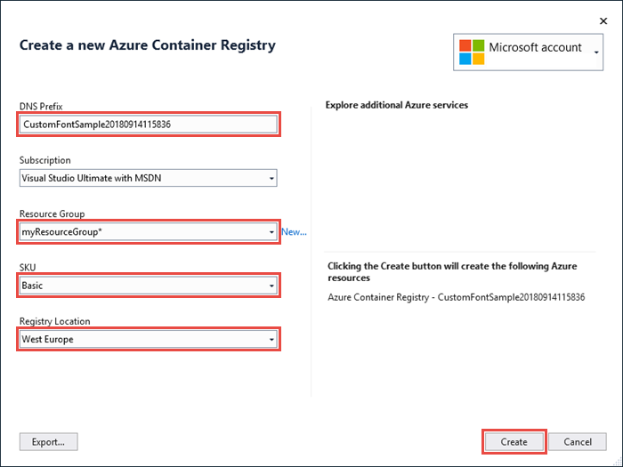 [新しい Azure コンテナー レジストリを作成する] ページのスクリーンショット。