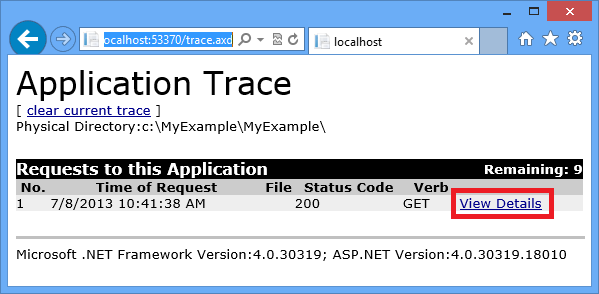 最初の行の [詳細の表示] が選択された Web ブラウザーの [アプリケーション トレース] ページのスクリーンショット。