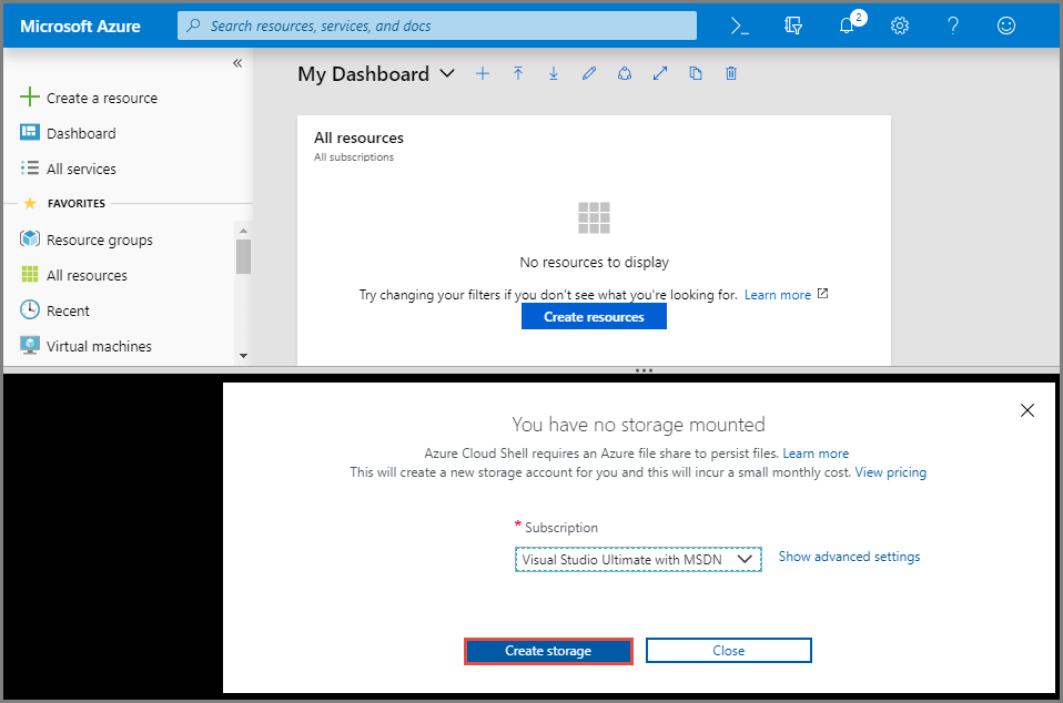 Cloud Shell のストレージの作成を示すスクリーンショット。