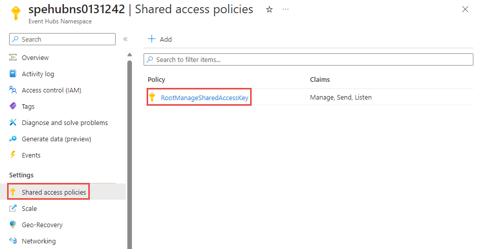 イベント ハブ名前空間の [共有アクセス ポリシー] ページを示すスクリーンショット。