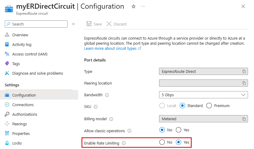 [レート制限を有効にする] が [はい] に設定された、ExpressRoute Direct 回線の構成ページを示すスクリーンショット。