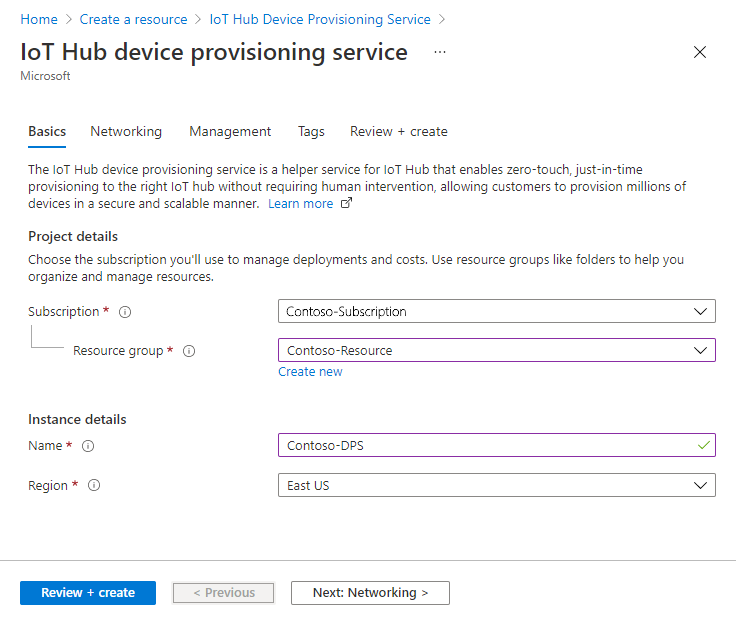 IoT Hub Device Provisioning Service の [基本] タブを示すスクリーンショット。ポータルで Device Provisioning Service インスタンスに関する基本情報を入力します。