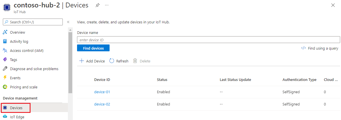 Azure portal の IoT ハブにデバイスが登録されていることを示すスクリーンショット。