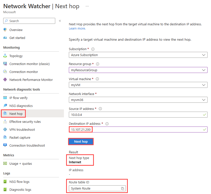 Azure Network Watcher の次ホップ機能を使用して www.bing.com への通信をテストする方法を示すスクリーンショット。