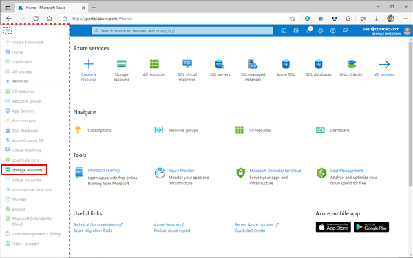 ブラウザーの左上隅近くにあるメニュー ボタンの位置を示す Azure portal のホームページの画像。