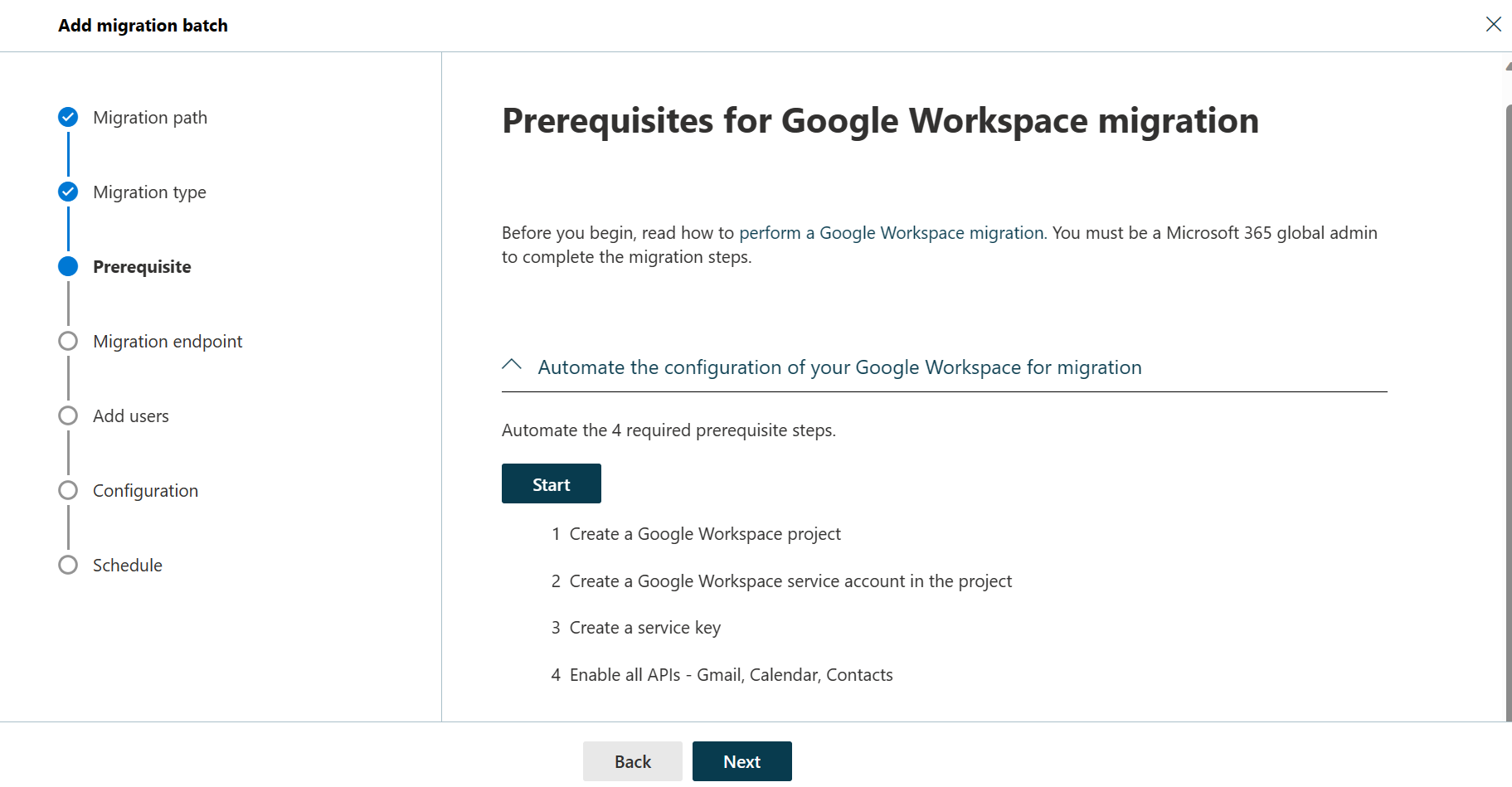 構成手順の一覧と、プロセスを自動化する開始ボタンを示す [Google ワークスペース移行の前提条件] ダイアログのスクリーンショット。