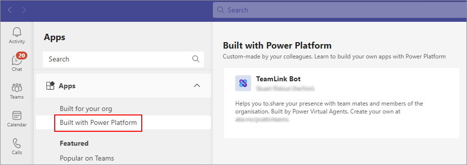 Build with Power Platform に一覧表示されている Microsoft Power Platform アプリを示すアプリ ページのスクリーンショット。