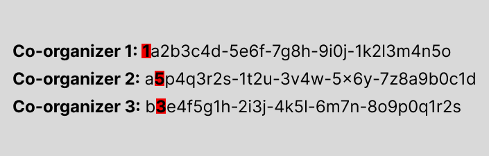 3 人のオーガナイザーのオブジェクト ID のスクリーンショット。最初のオーガナイザーのオブジェクト ID は文字 1 で始まり、2 番目の開催者のオブジェクト ID の 2 番目の文字は数値 5、3 番目の開催者のオブジェクト ID の 2 番目の文字は数値 3 です。