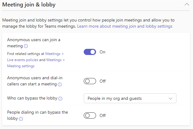 Teams 管理センターの会議参加とロビー のポリシーを示すスクリーンショット。