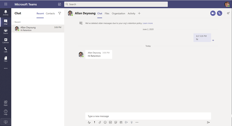 Teams のアイテム保持ポリシーのためにチャット メッセージが削除されることを Teams でユーザーに通知しました。