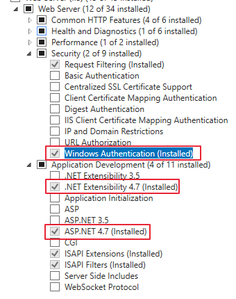 SharePoint ワークフロー マネージャーに必要な Web サーバー機能のスクリーンショット。