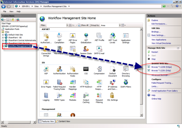 IIS マネージャー内のポートを表示する。