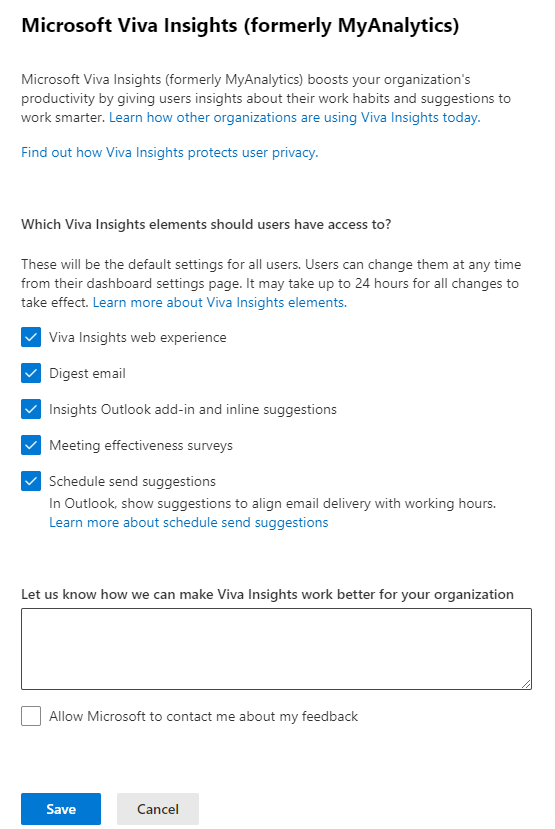 すべての選択が有効になっている Microsoft Viva Insights (旧称 MyAnalytics) 設定ウィンドウを示すスクリーンショット。