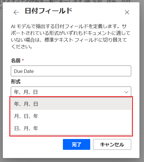 '日付フィールド' 形式のスクリーンショット。