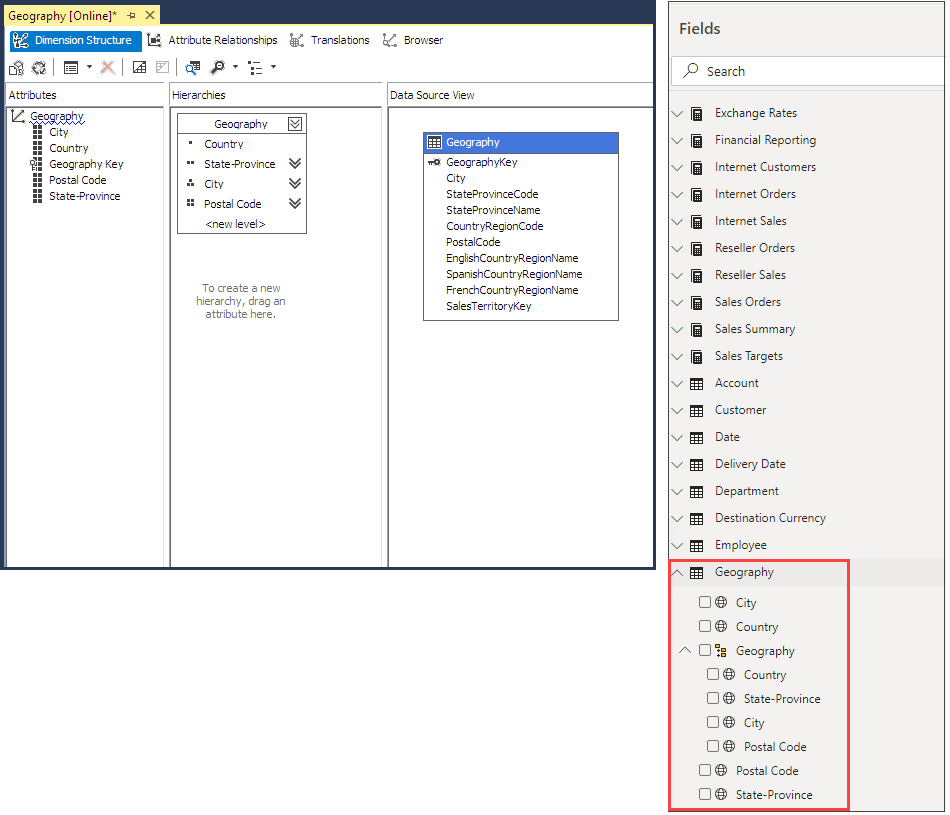 SSDT と Power BI の [フィールド] リストのディメンション属性の種類