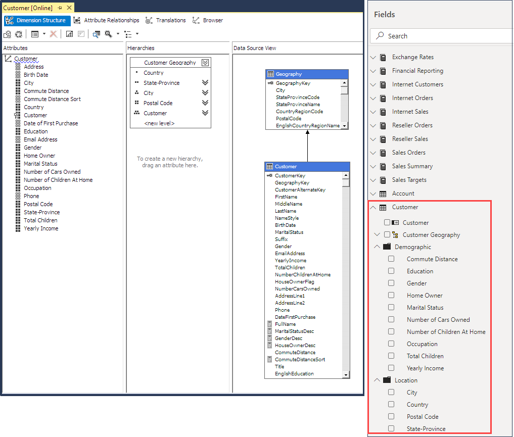 SSDT と Power BI フィールドの一覧のディメンション、属性、階層