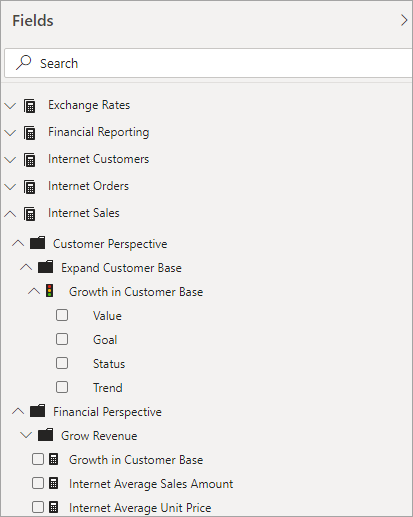 Power BI フィールドの一覧のメジャーと KPI