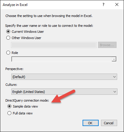 Excel で分析の DirectQuery オプション