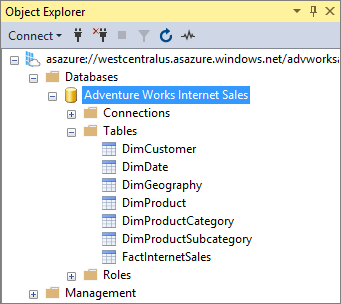 Adventure Works Internet Sales データベースが強調表示されている [オブジェクト エクスプローラー] セクションのスクリーンショット。