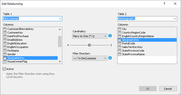 表 1 と表 2 の両方で DimCustomer オプションと GeographyKey オプションが強調表示されている [リレーションシップの編集] ダイアログ ボックスのスクリーンショット。