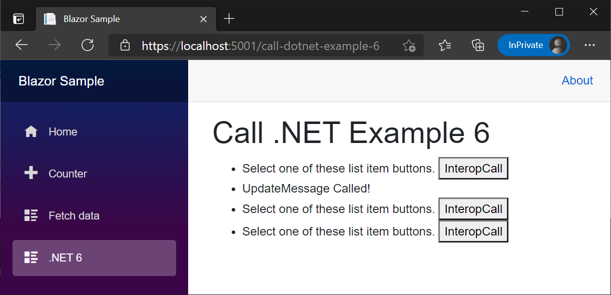 レンダリングされた 'CallDotNetExample6' コンポーネントの例