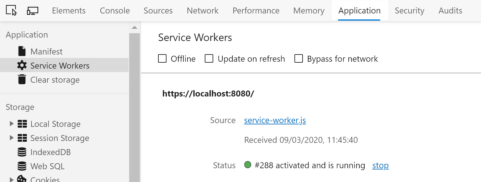 サービス ワーカーがアクティブ化され、実行されていることが示されている Google Chrome 開発者ツールの [アプリケーション] タブ。