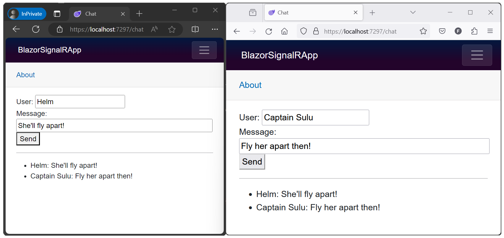 交換されたメッセージが表示されている、2 つのブラウザー ウィンドウで開かれた SignalRBlazor サンプル アプリ。
