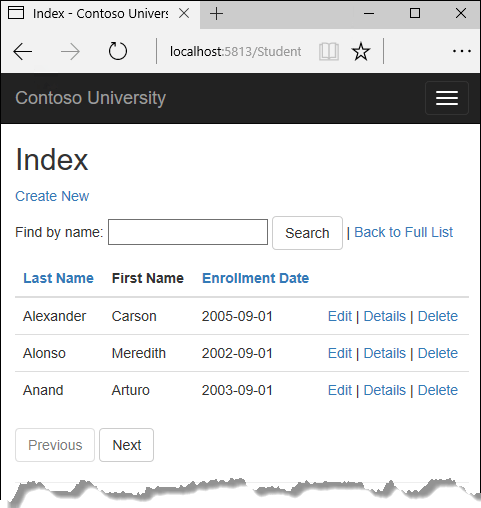 時刻なしの日付が表示されている Students インデックス ページ