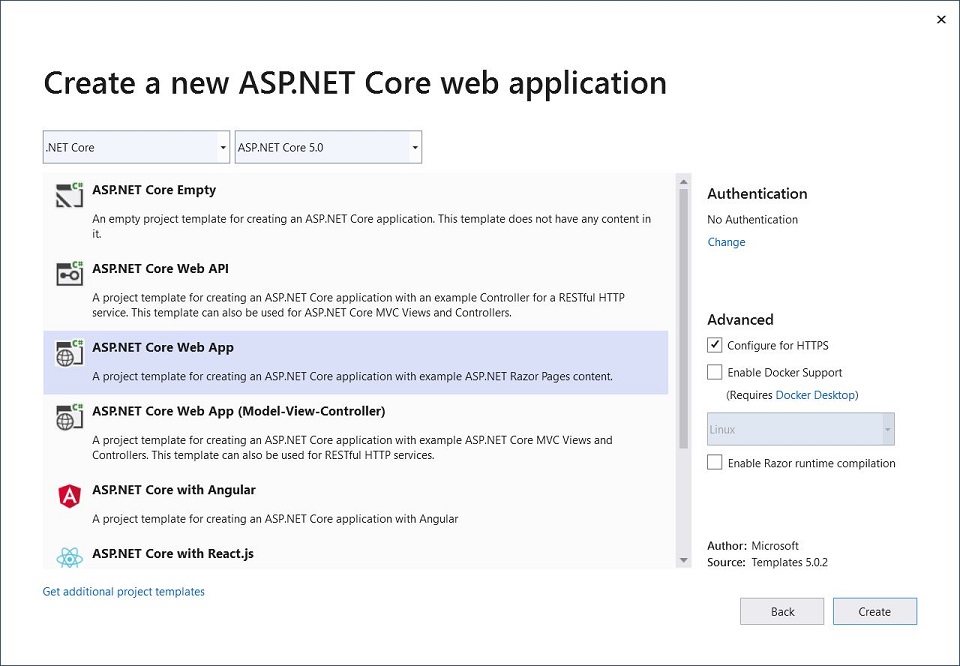 [新しい ASP.NET Core プロジェクト] ダイアログ