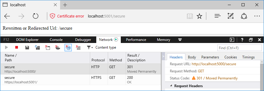 要求および応答を追跡する開発者ツールを備えたブラウザー ウィンドウ: HTTPS へのリダイレクトを追加する