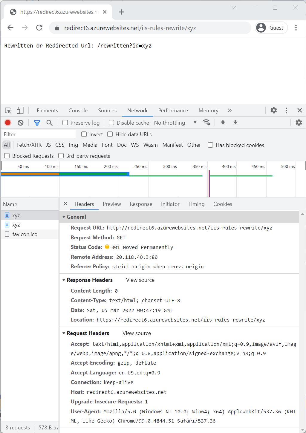 要求および応答を追跡する開発者ツールを備えたブラウザー ウィンドウ: HTTPS へのリダイレクトを追加する