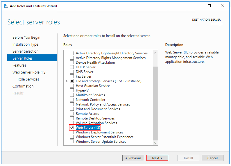 [サーバーの役割の選択] のステップで Web サーバー IIS の役割を選択します。