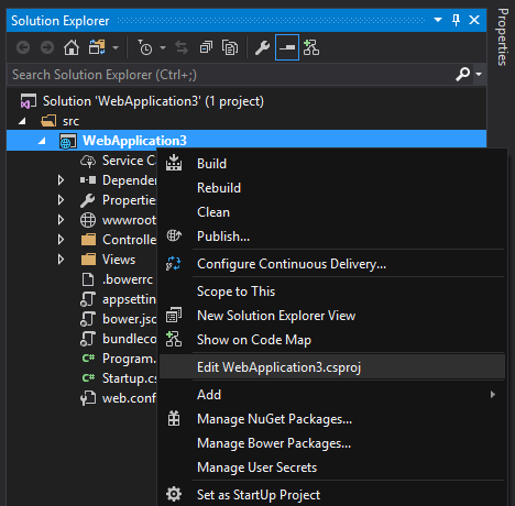 Visual Studio 2017 の CSPROJ の編集コンテキスト メニュー オプション