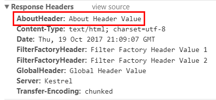 Response headers of the About page show that the AboutHeader has been added.