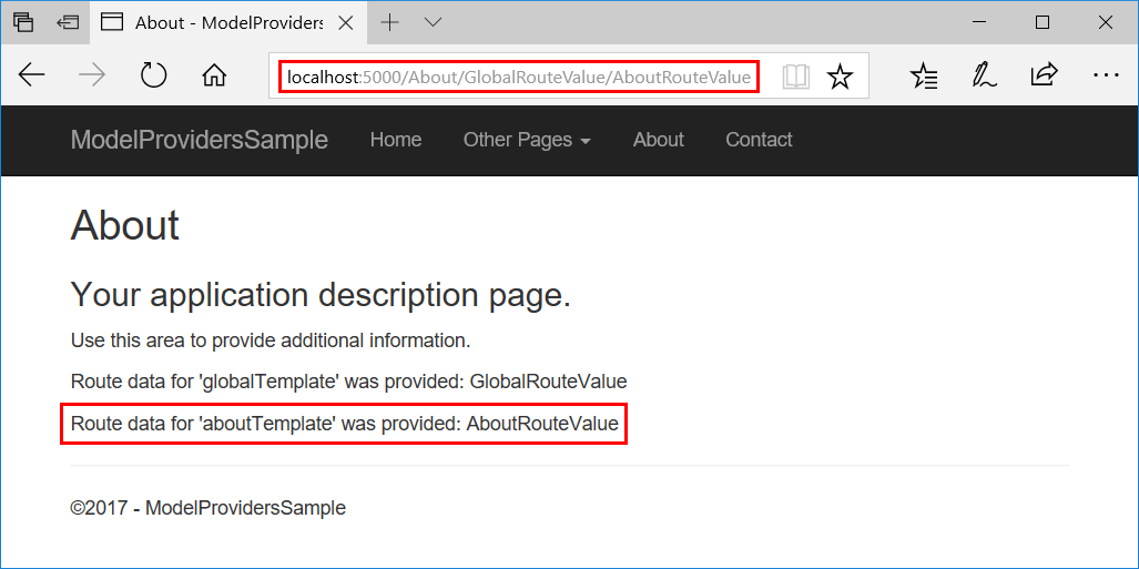 About page is requested with route segments for GlobalRouteValue and AboutRouteValue. The rendered page shows that the route data values are captured in the OnGet method of the page.