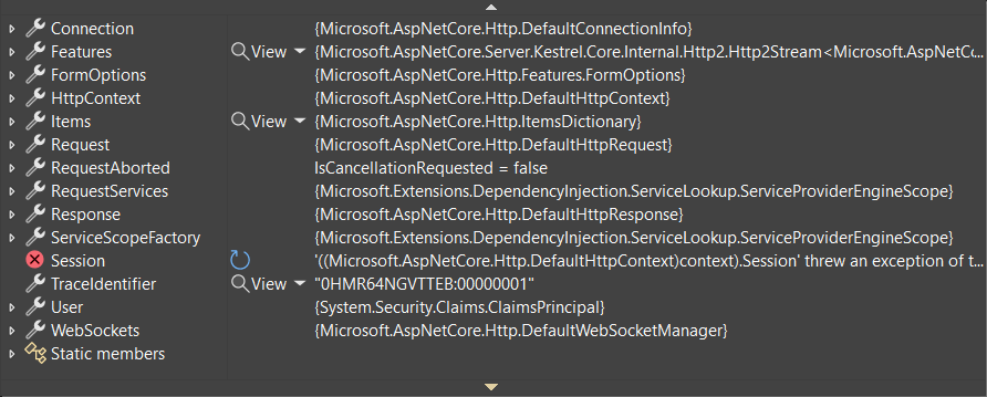 .NET 7 における HttpContext 型のあまり役に立たないデバッガーの表示。