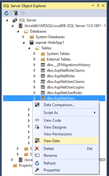 SQL Server オブジェクト エクスプローラーの AspNetUsers テーブルのコンテキスト メニュー