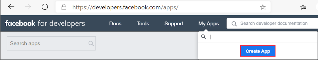 Microsoft Edge で Facebook for Developers ポータルが開く