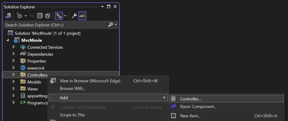 ソリューション エクスプローラーで、Controllers を右クリック > [追加] > [コントローラー] の順に選択する