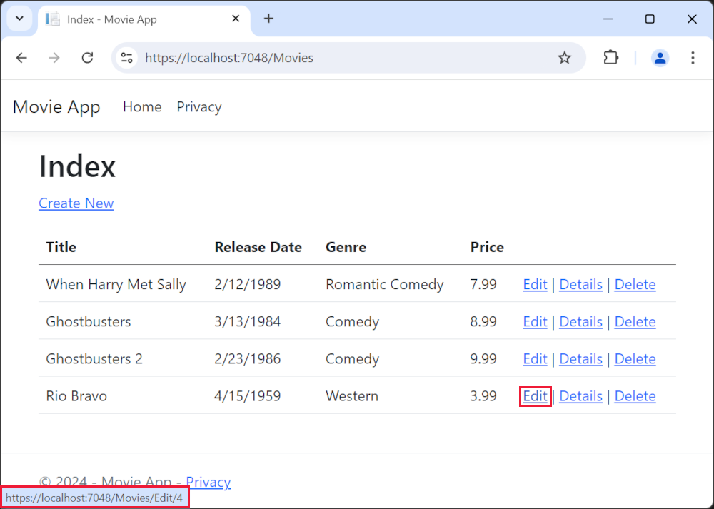 [編集] リンクがマウスでポイントされ、リンク URL として https://localhost:5001/Movies/Edit/5 が表示されている状態のブラウザー ウィンドウ