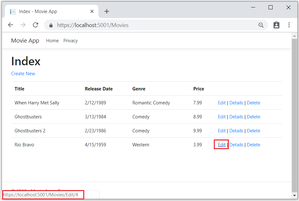 [編集] リンクがマウスでポイントされ、リンク URL として https://localhost:5001/Movies/Edit/5 が表示されている状態のブラウザー ウィンドウ