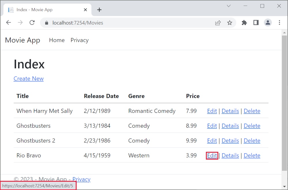 [編集] リンクがマウスでポイントされ、リンク URL として https://localhost:5001/Movies/Edit/5 が表示されている状態のブラウザー ウィンドウ