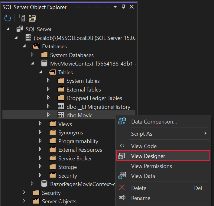Movie テーブルを右クリックして [デザイナーの表示] を選択する。