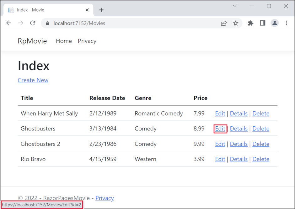 [編集] リンクがマウスでポイントされ、リンク URL として https://localhost:1234/Movies/Edit/5 が表示されている状態のブラウザー ウィンドウ