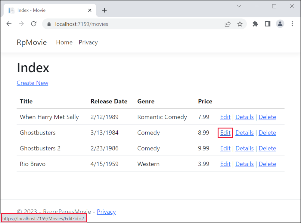 [編集] リンクがマウスでポイントされ、リンク URL として https://localhost:1234/Movies/Edit/5 が表示されている状態のブラウザー ウィンドウ
