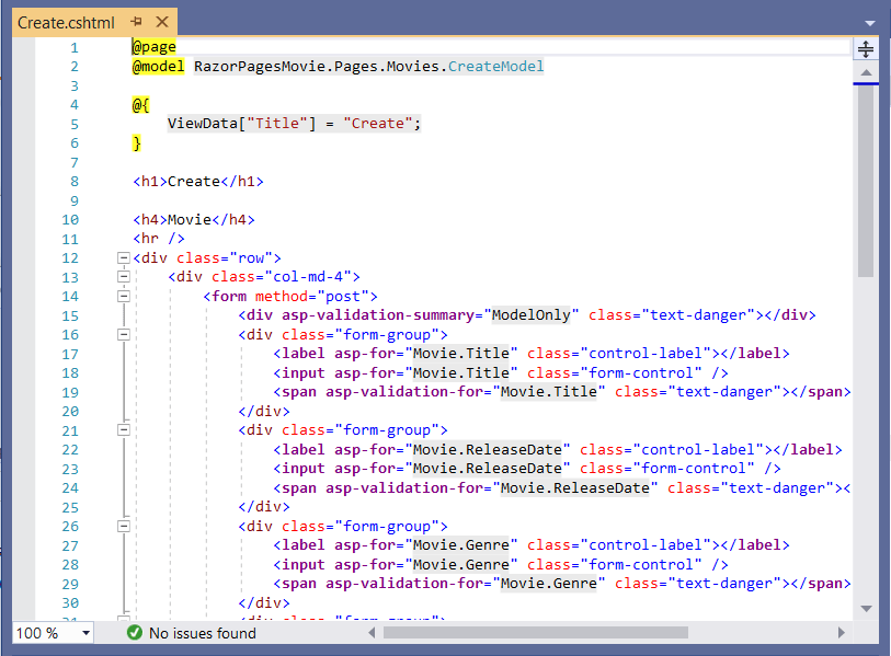 Create.cshtml ページの VS17 ビュー