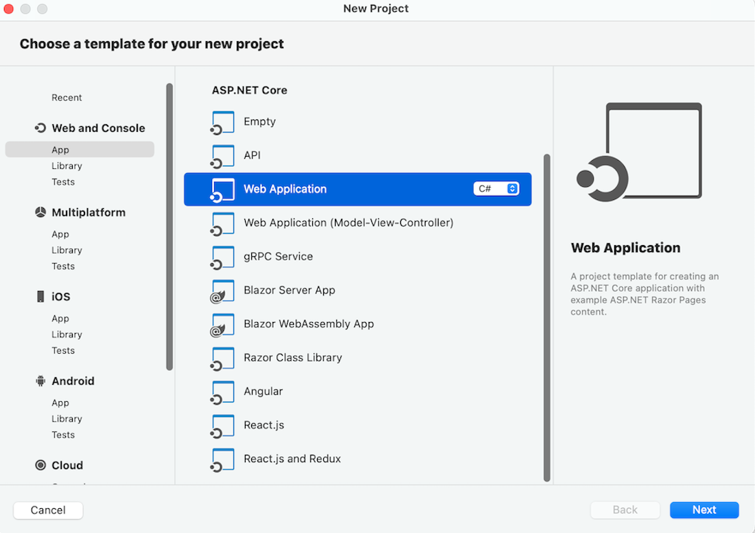 macOS Web アプリ テンプレートの選択