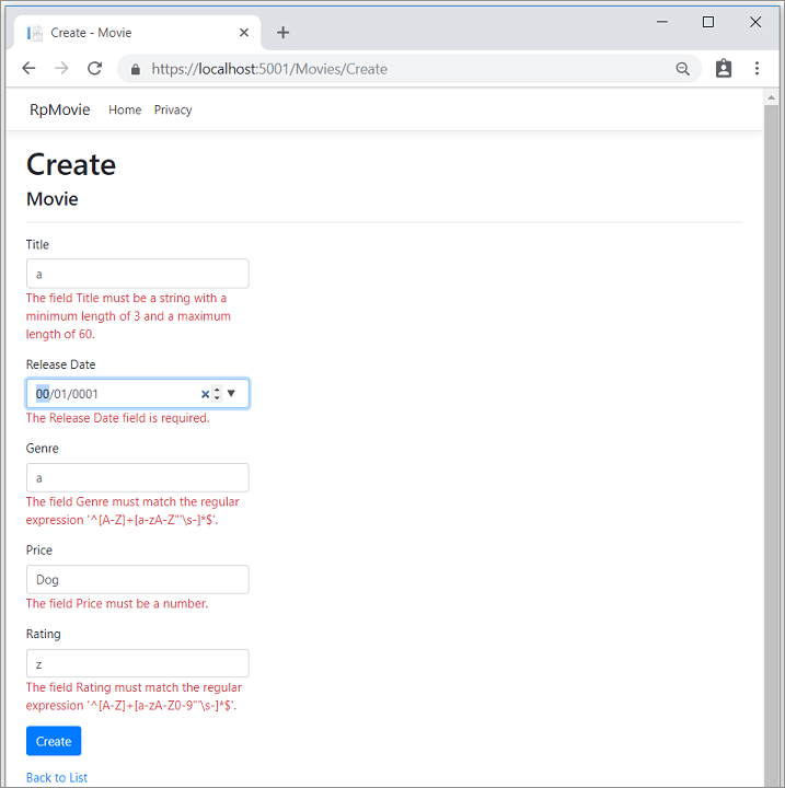 複数 jQuery クライアント側検証エラーが表示されたムービー ビュー フォーム