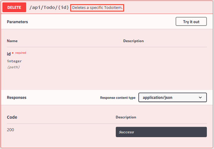 DELETE メソッドの XML コメント 